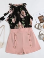 Women's summer two-piece floral halter top and pink high-waisted shorts set - S / Pink Printed Style