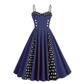 Marineblauwe jaren '50 vintage A-lijn jurk met witte polkadots en sierknopen - S / Donkerblauw