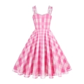 Roze geruite vintage A-lijn jurk met witte kanten rand en dunne schouderbandjes - L / Roze rooster