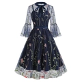 Detail of dark blue gothic dress with floral embroidery and mesh flare sleeves - S / Blue Seaweed Embroidery