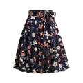 Detailed flat lay of navy blue A-line skirt with orange floral print and waist bow tie - S / Floral Blue