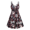Gothic V-neck pumpkin and skull floral Halloween A-line sleeveless sundress for women - S / Day of the Dead Skull Print (Black)