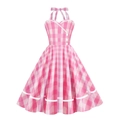 Robe vichy rose et blanche à licou rétro avec boutons décoratifs et jupe évasée en A - S / Grille Rose