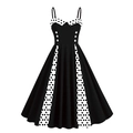 Detail of 50s vintage black dress with white polka dot patchwork and decorative buttons - Black Polka Dot