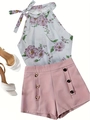 Flachbild von Blumen-Halter-Top mit Schleife und rosa High-Waist-Shorts mit Knöpfen - S / Oberteil Und Unterteil / Rosa
