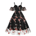 Retro V-Ausschnitt Kleid in Schwarz mit Blumenstickerei und Spitzenrüschen an den Schultern - S / Schwarz mit rotem Blumendruck