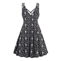 Close-up of gothic V-neck dress featuring spider web and skull print with crisscross straps - S / Skull Spiderweb Print (Black/White)