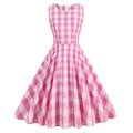 Roze en witte geruite mouwloze A-lijn jurk met ronde hals en retro Hepburn-stijl - 2XL / Roze