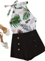 Flachbild-Set mit tropischem Neckholder-Top und schwarzen Shorts mit hohen Bund und Goldknöpfen - S / Oberteil Und Unterteil / Grün