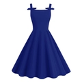 Detail of navy blue sleeveless A-line dress with elegant bow straps and wide swing hem - S / Blue
