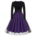 Detail of vintage puff dress with black bodice and purple polka dot mesh skirt - S / Purple