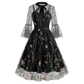 Vintage Gothic black mesh dress with colorful floral embroidery and bow neckline - S / Black Seaweed Embroidery