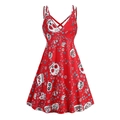 Detail view of red V-neck dress featuring Mexican sugar skull and floral pattern print - S / Day of the Dead Skull Print (Red)