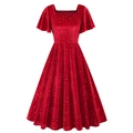 Detail of red velvet party dress with silver sequins and ruffled butterfly sleeves - S / Burgundy