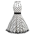 Retro 1950s polka dot dress with halter neck, satin belt and lace hem detail - S / White