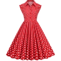 Vestido vintage rojo de lunares años 50 sin mangas con cuello de solapa y falda de capa - S / Rojo