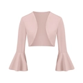 Detail view of pink cropped bolero shrug showing bell sleeves and knitted texture - M / Pink