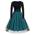 Detail of vintage high-waisted black bodice and polka dot mesh layered dress skirt - S / Blue