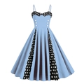 50s vintage light blue polka dot A-line swing dress with decorative buttons - Light Blue