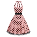 Pink polka dot vintage halter dress with black lace trim and satin waist belt - S / Pink