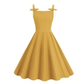 Elegant sleeveless mustard yellow A-line dress with bow straps and vintage Hepburn style - S / Yellow