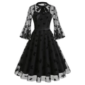 Vintage black mesh midi dress with butterfly embroidery, flared sleeves and ribbon waist - Flocking Butterfly