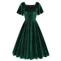 Détail du tissu en velours vert foncé avec paillettes argentées et manches volantées - S / Vert