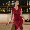 Close-up of wine red lace dress with elegant V-neckline and ruffled cocktail detail - S / Burgundy