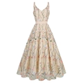 Elegant V-neck mesh maxi dress with floral embroidery and thin straps on white background - S / Apricot