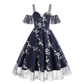 Elegantes marineblaues V-Ausschnitt Midikleid mit Blumenstickerei und Tüllrock - S / Blau