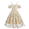 Elegantes V-Ausschnitt Kleid mit Blumenstickerei, schulterfreien Ärmeln und Tüllrock - S / Aprikose