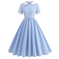 Vestido retro de cuadros azules con cuello Peter Pan blanco y botones de corazón - S / Azul