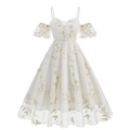 Elegantes weißes V-Ausschnitt Midi-Kleid mit Goldstickerei und schulterfreien Ärmeln - S / Weiß