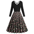 Detalle del vestido vintage de Navidad con cuello en V y estampados festivos - S / Negro