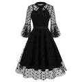 Vintage black polka dot mesh dress with ribbon bow neck and elegant flare sleeves - S / Flocked Polka Dot