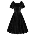 Detail of elegant black velvet dress with gold sparkles and ruffled sleeves - S / Black