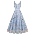 Light blue V-neck spaghetti strap dress with pink floral embroidery and mesh overlay - S / Light Blue