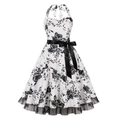 Vintage 50s halter dress with black and white floral print and satin bow belt - 2XL / White With Black Flowers