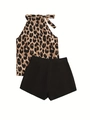 Women's summer two-piece set with leopard print halter top and black high-waisted shorts - S / Leopard Print Style