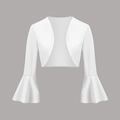 Detail of white cropped open-front shrug with elegant long flared bell sleeves - M / White