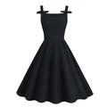 Elegant black Hepburn style A-line dress with bow straps and classic minimalist silhouette - S / Black