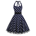 Vintage marineblauwe polkadots halterjurk met satijnen riem en kanten zoom afwerking - S / Marineblauw
