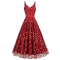 Vintage dark red V-neck ball gown dress with colorful floral embroidery and satin belt - S / Red