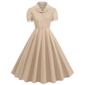 Vintage short sleeve A-line dress in beige with Peter Pan collar and white contrast trim - S / Apricot