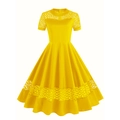Yellow vintage 50s A-line cocktail dress with floral lace patchwork and round neck - S / Yellow
