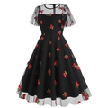 Dettaglio di un abito vintage in tulle nero con ricamo di ciliegie e gonna svasata a ruota - S / Ciliegia Nera