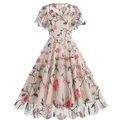 Elegant beige mesh dress with floral embroidery, round neck, and A-line waist - S / Apricot