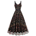 Elegant V-neck black mesh maxi dress with colorful floral embroidery and ribbon waist - S / Black
