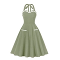 Vintage 50s halter neck sage green dress with white contrast trim and large flare skirt - S / Army Green