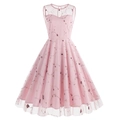 Pink 1950s vintage sleeveless A-line dress with floral mesh embroidery on white background - S / Pink